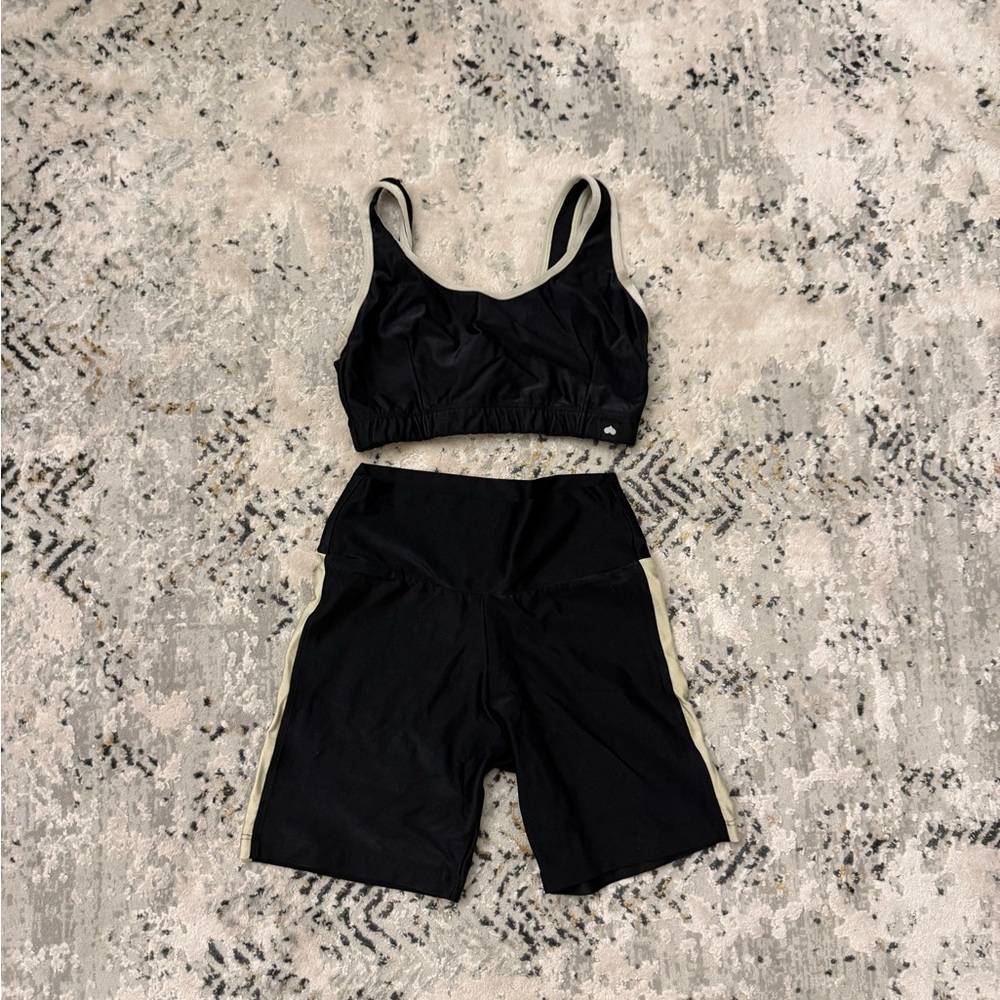 Booty by Brabants Black Sports Bra and Biker Shorts Set with Cream Straps